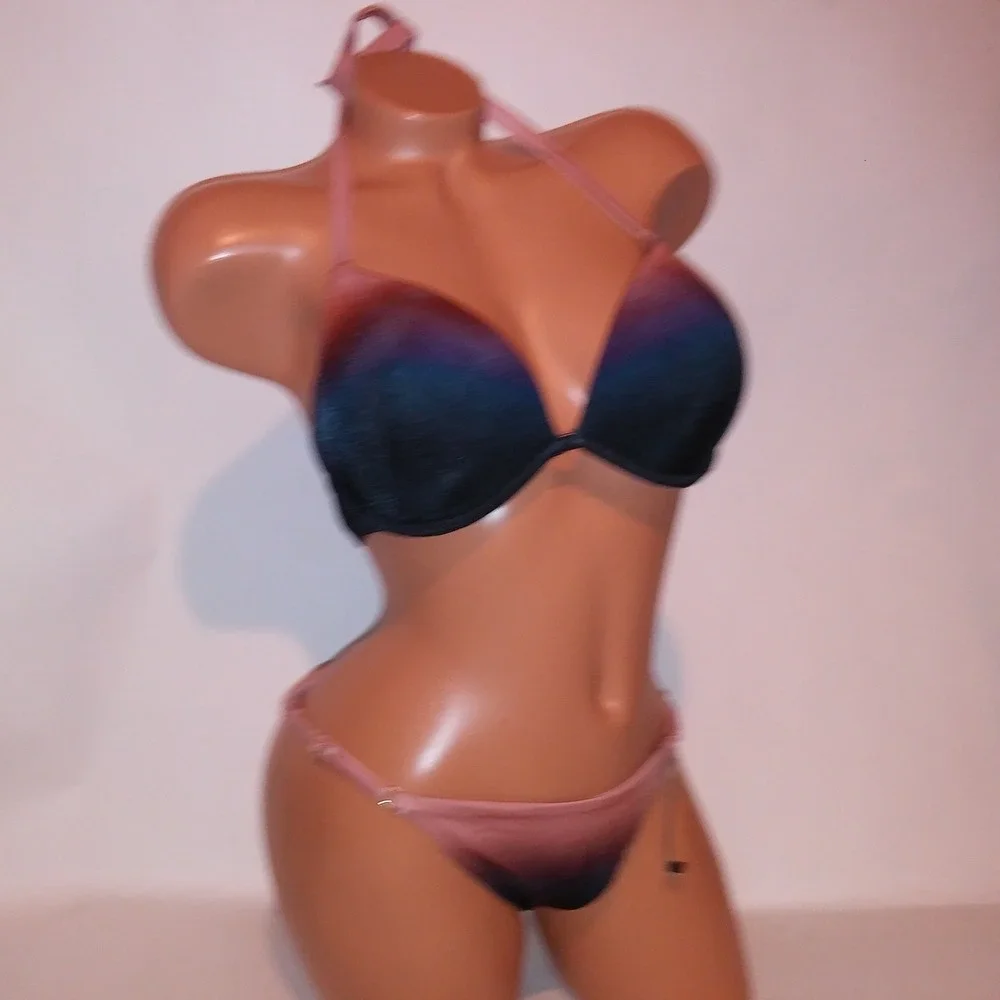 Victoria Secret Swim Bikini 38C Top XL Bottom Ombre Black Mauve Push Up String